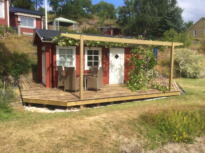 Trädäck med takstomme av 28x95 virke framför röd stuga, fasad bärline för estetik, gröna rankor.