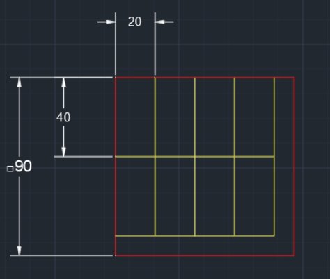 Ritning för kapning av en limträbalk i mindre delar med angivna mått på 40x20 mm och total storlek på 90x90 mm.