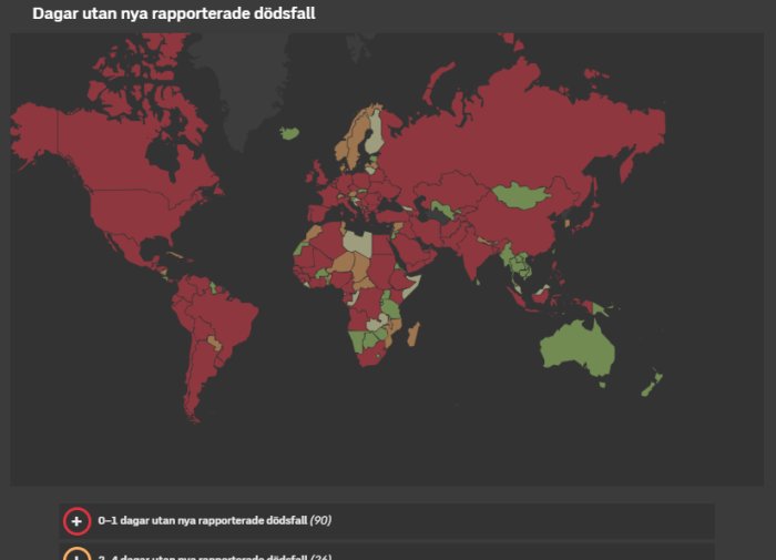 Världskarta som visar dagar utan nya rapporterade dödsfall i olika länder, färgkodad efter antal dagar.
