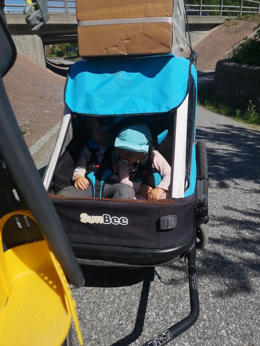 Barn i en cykelvagn av märket SunBee på en solig dag utomhus.