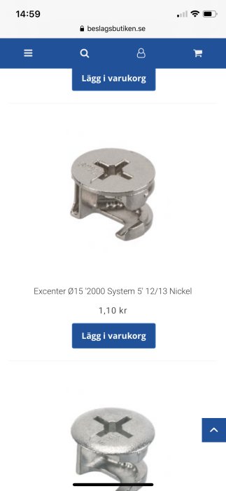 Excenterkopplingsbeslag av nickel för möbelmontage, Ø15 '2000 System' med krysspår.