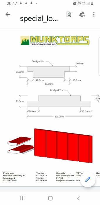 Skärmdump av teknisk ritning och 3D-modell av röd panel med måttangivelser.