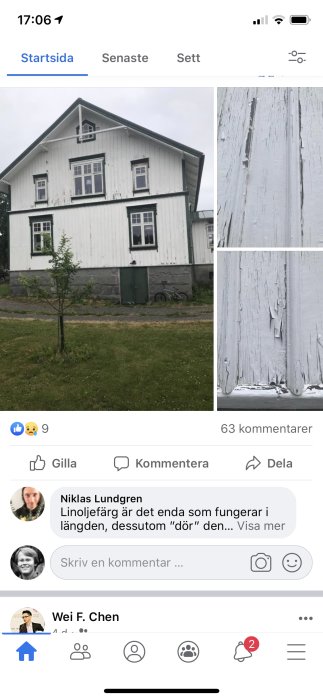 Tvådelad bild med ett vitt hus där färgen flagar och närbild på flagande alkydoljefärg på träpanel.