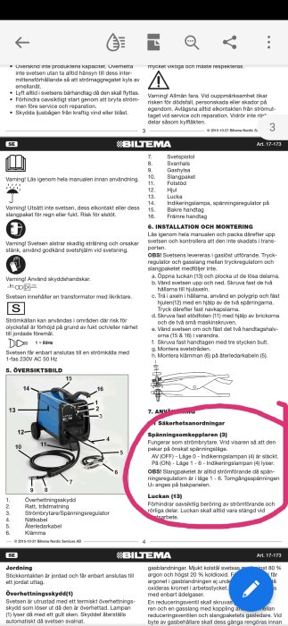 Bild ur manual som visar en MIG-svets från Biltema med markerade delar och instruktioner för installation och montering.