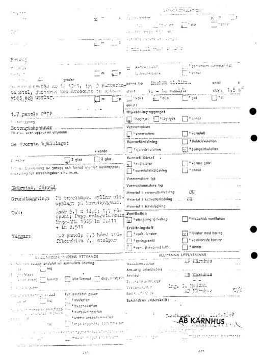 Bild av ett tekniskt dokument med text och kryssrutor relaterat till byggnadsbeskrivningar och materialval från 1968.