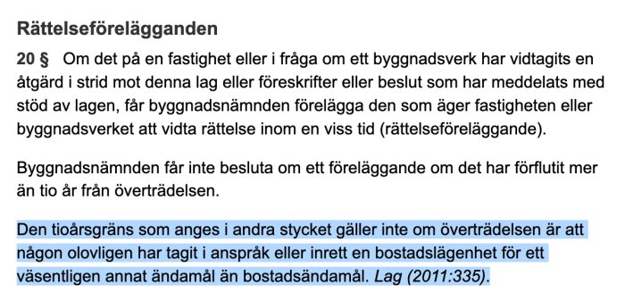 Skärmbild av ett lagutdrag med regler om rättelseförelägganden och preskriptionstid markerat.