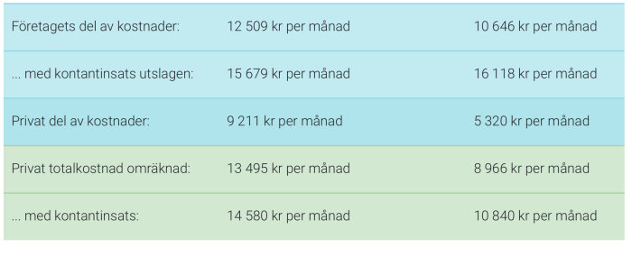 Kostnadsjämförelsetabell för privat och företags del av månadskostnader för två olika bilmodeller.