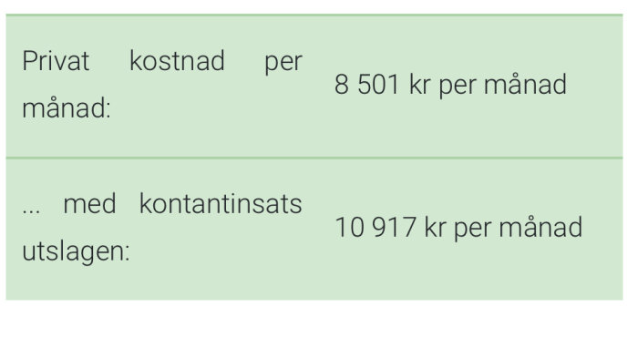 Tabell med kostnader: Privat kostnad per månad 8501 kr, och med kontantinsats utslagen 10917 kr per månad.