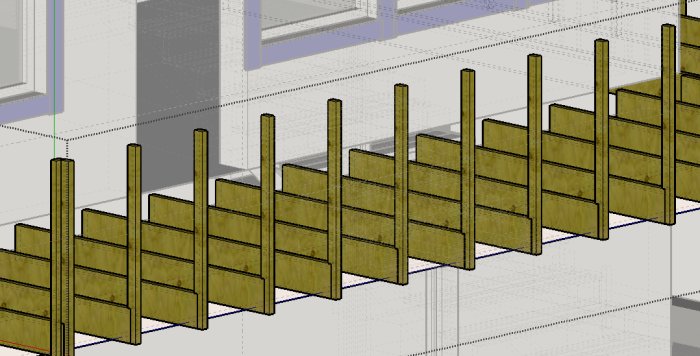 3D-modell av balkong med nytt räcke bestående av liggande ribbor och staketstolpar.