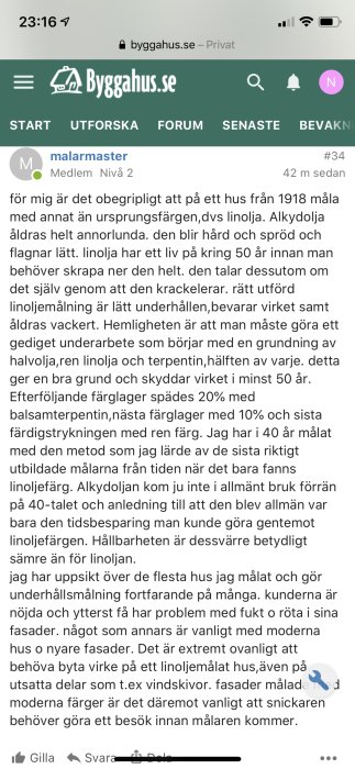 Skärmdump av diskussionsforum inlägg om målning med linolja och underhåll av hus från 1918.