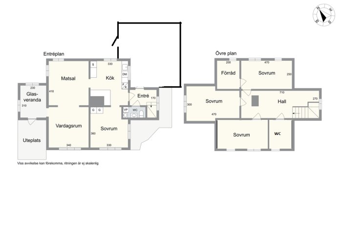 Skiss av tvåvåningshus med planlösning för entréplan och övre plan med måttangivelser och möjlig tillbyggnad markerad.