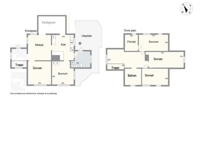 Schematisk ritning i Paint av en husplan med beteckning av rum och mått för över- och entréplan.