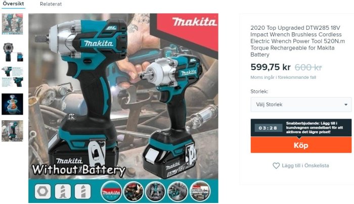 Makita sladdlös slagnyckel utan batteri, presenteras i användning och som produktbild.