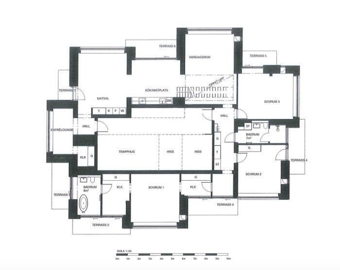 Planritning av ett penthouse med fem rum och sju balkonger, beläget i Vasastan, Stockholm.