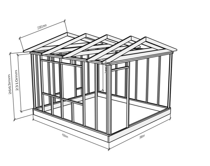 Illustration av trästomme för byggnad med måttangivelser från bjälklag till takstol.
