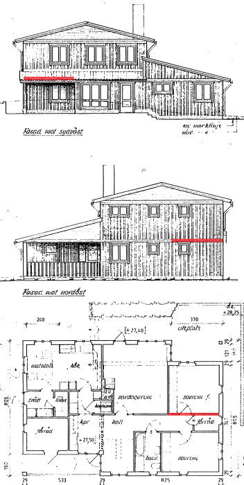 Arkitektritningar av ett tvåvåningshus med markerade områden; rött visar hjärtvägg som ska ersättas med balk, blått för ny vägg.