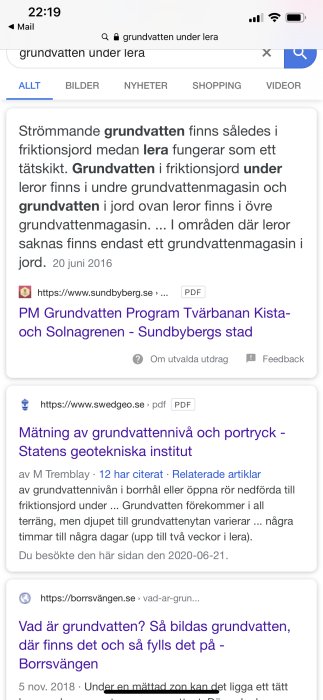 Skärmdump av sökresultat om grundvatten under lera med hemsidor och dokumenttitlar.