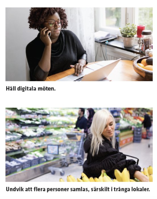 Kvinna sitter vid ett bord och pratar i telefon framför en laptop, med texten "Håll digitala möten".