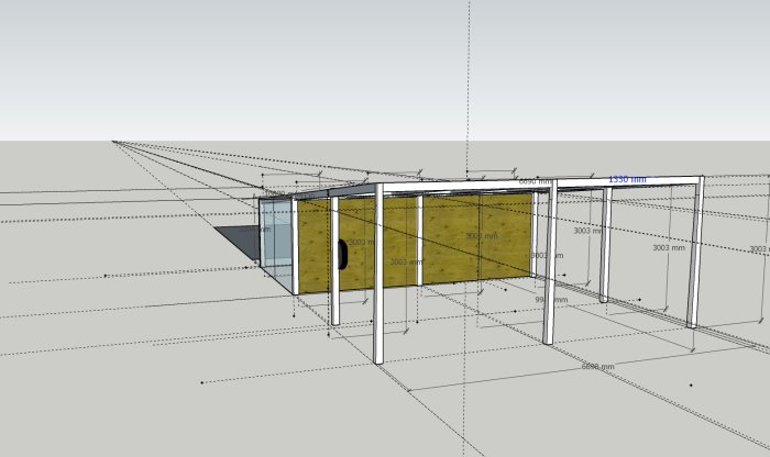 3D-skiss av en carport under konstruktion med dimensioner och förslag på krysstag.