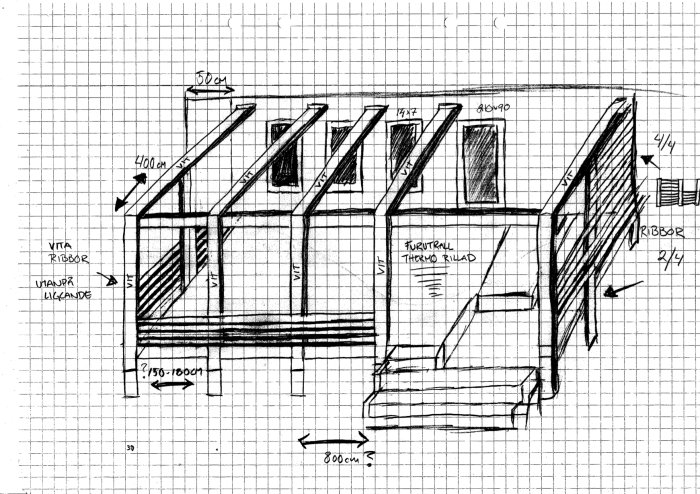 Handritad skiss av ett byggprojekt med måttangivelser för altan och pergola.