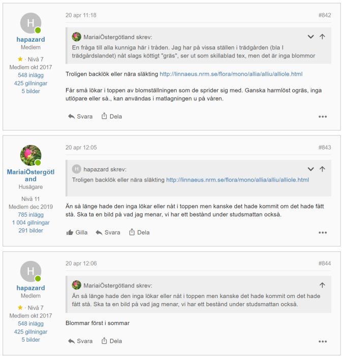 Skärmdump av diskussionsforum med trådar om trädgårdsprojekt och inlägg om växter.