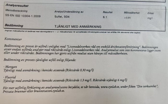 Vattenanalysresultat som indikerar mangan och fluoridnivåer, betecknade som 'tjänligt med anmärkning'.