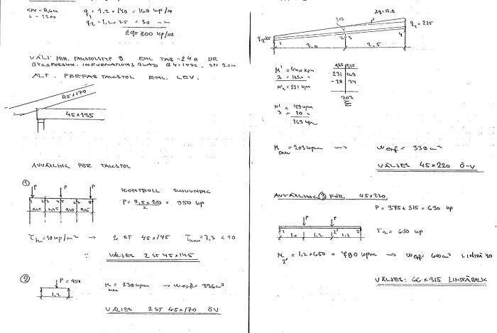 Handskrivna beräkningar och skisser av olika balktyper för byggprojekt.
