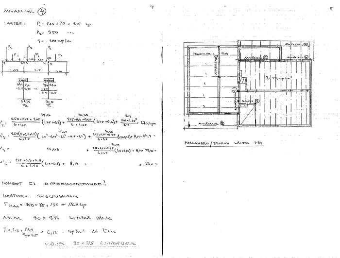 Tekniska ritningar och beräkningar av en balk- och laststruktur för byggprojekt.