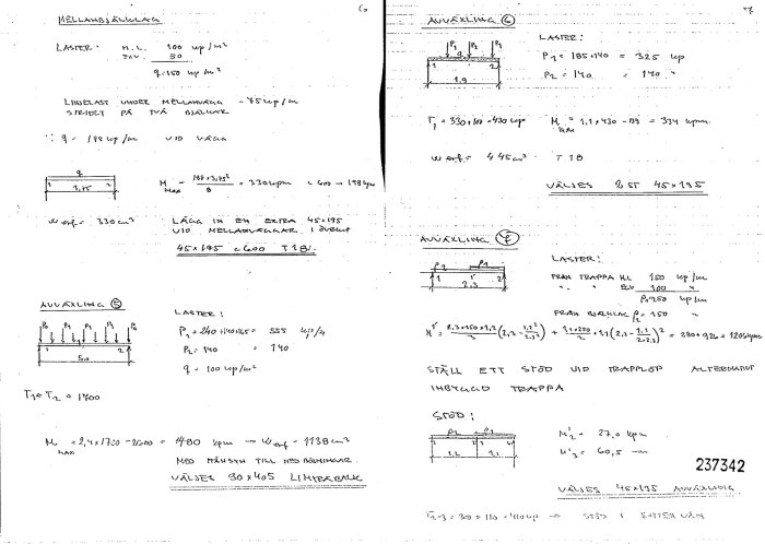 Handskrivna beräkningar och tekniska ritningar relaterade till balkbelastning och dimensionering.