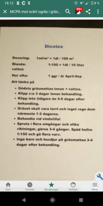 Anvisningar för dosering och användning av ogräsmedel på ett dokument.