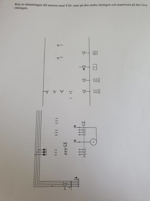 Ofullständigt elektriskt kretsdiagram för Y/D-start (stjärn/delta) med beskrivande text och symboler.