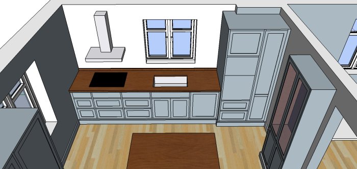 3D-ritning av ett kök med ramluckor, köksö och inredningsdetaljer för diskussion om materialval.