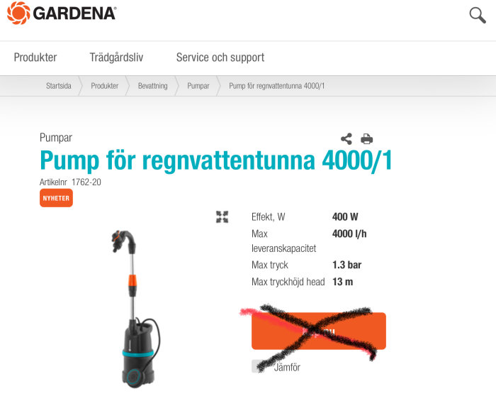 Regnvattenpump från Gardena modell 4000/1 på en produktsida, avsedd för effektiv vattentransport.