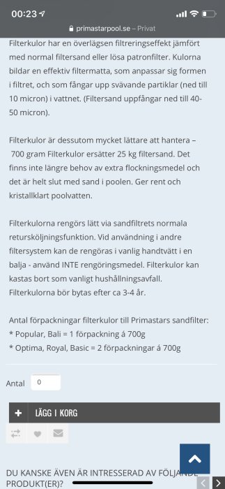 Skärmdump av en webbsida som beskriver fördelarna med filterkulor jämfört med filtersand för poolfilter.