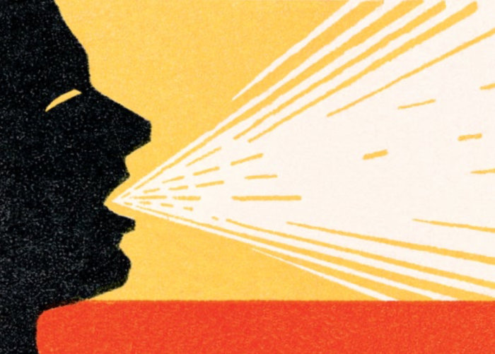 Illustration av en person som andas ut partiklar som symboliserar smittspridning.