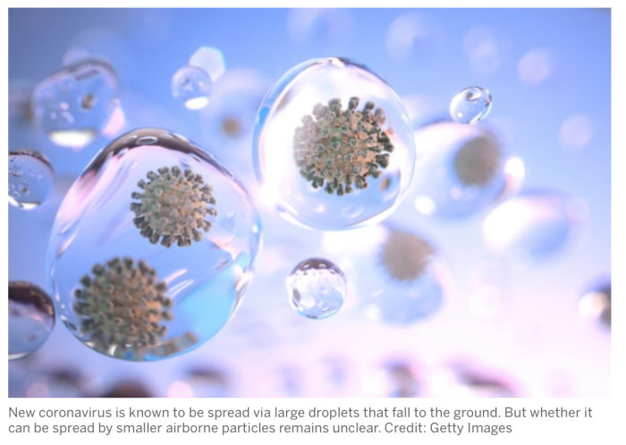 Illustration av coronavirus inuti luftburna vattendroppar, symboliserar potentiell smittspridning.