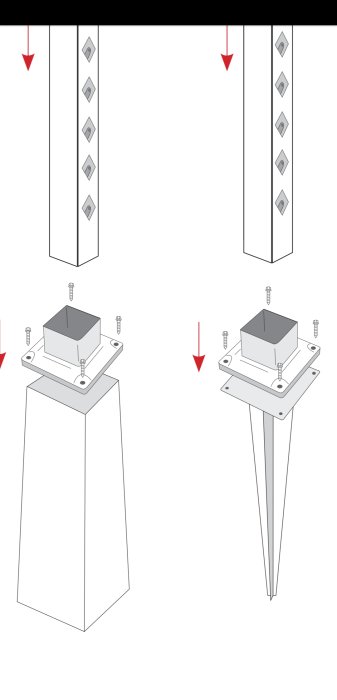 Illustration av staketstolpar monterade på plintar med olika fästmetoder.