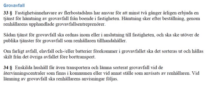 Skärmdump av text om kommunala föreskrifter för hantering av grovavfall och ansvar för fastighetsägare i Stockholm.