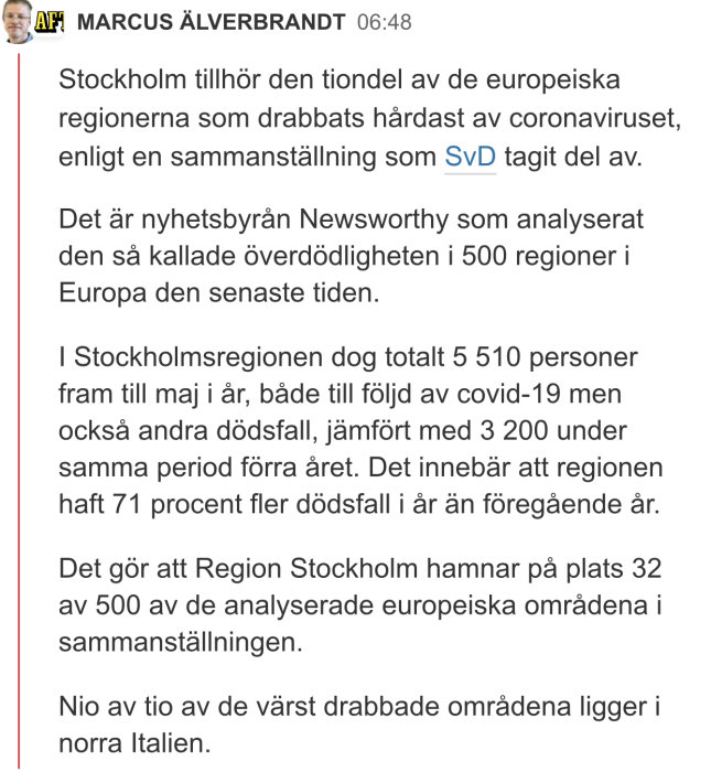 Skärmdump av en nyhetsartikel om överdödligheten i Stockholm relaterad till COVID-19.