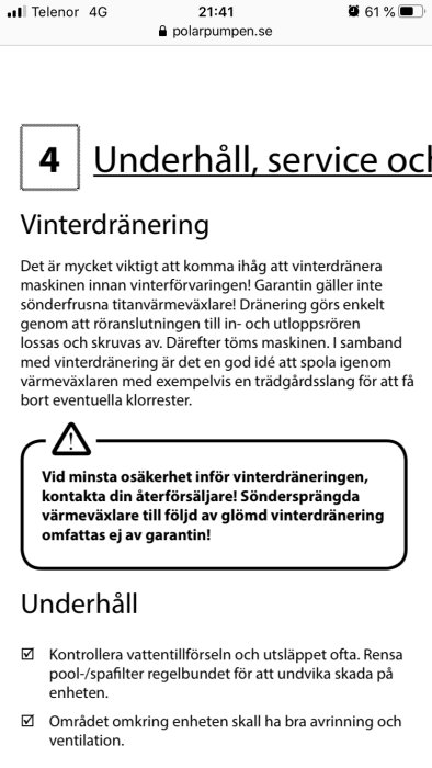 Skärmdump från webbsida om vinterdränering av värmeväxlare med varningstext och underhållstips.
