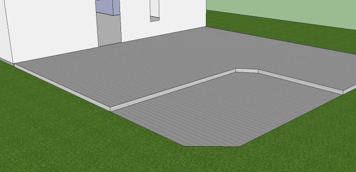 3D-modell av en altan med trall i marknivå intill en gräsmatta och husvägg, med en nedsänkt sektion.
