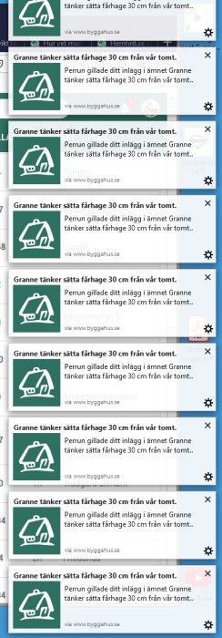 Skärmdump som visar upprepade notiser i en webbläsare om forumaktivitet på Bygga Hus-sajten.