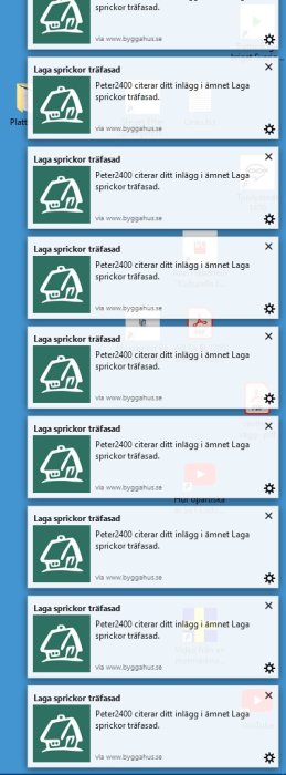 Skärmdump av flera öppna notiser från en webbplats med texten "Peter2400 citerar ditt inlägg i ämnet Laga sprickor träfasad".