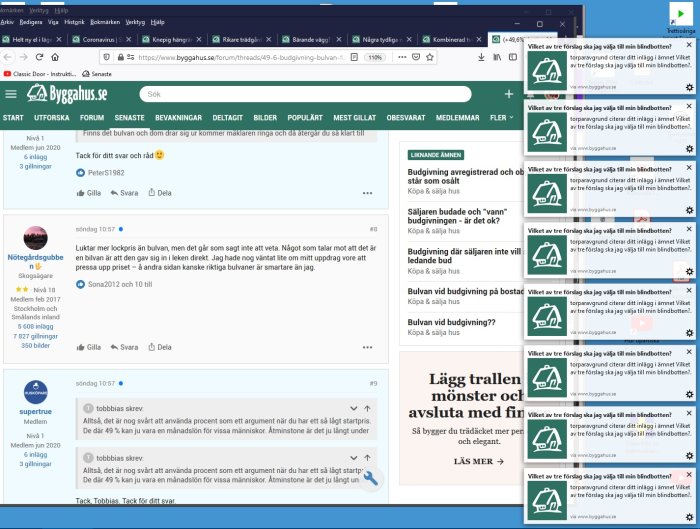 Skärmbild av en diskussionstråd på ByggaHus.se forum med flera öppna notiser i en webbläsare.