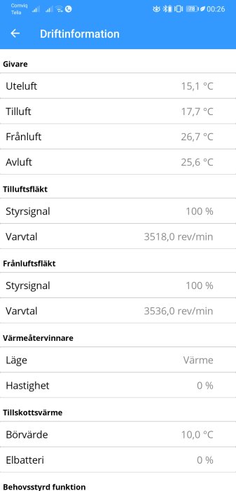 Skärmklipp från driftinformationsapp som visar temperaturer och fläktvarvtal i ett ventilationssystem.