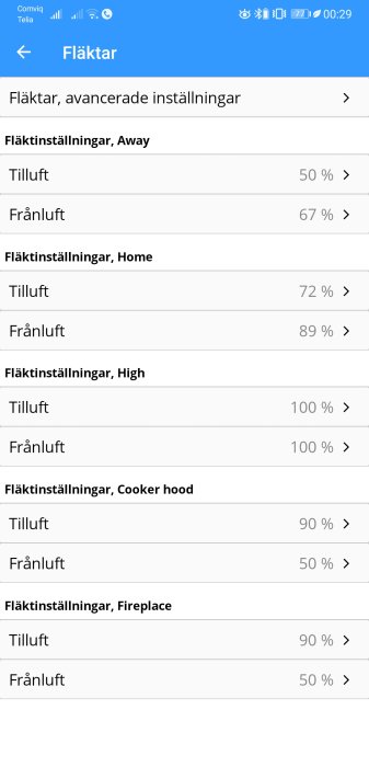 Skärmdump av ventilationsapp som visar fläktinställningar med 'High' läge satt till 100%.