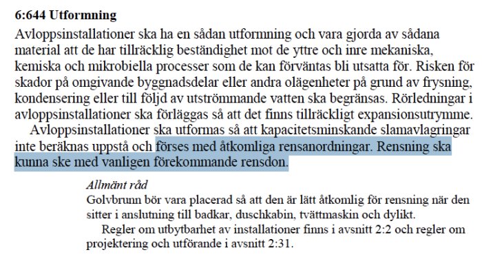 Svensk byggnadsregleringstext BBR om utformning och underhåll av avloppsinstallationer.