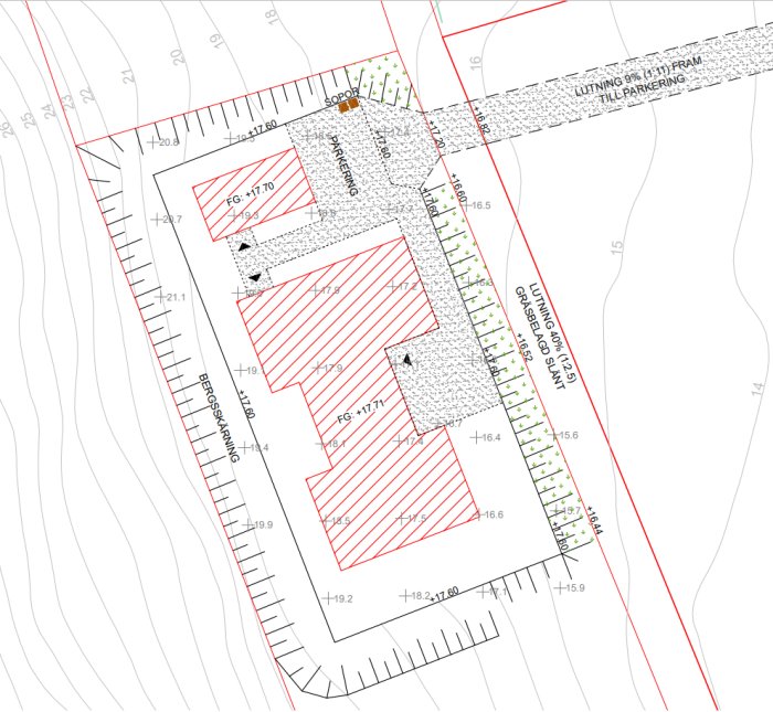 Markplaneringsritning för enplanshus med nivåangivelser och potentiell placering på en bergig tomt, visar lutningar och höjdzonerna FG +17 till +18.