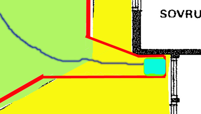 Schematisk bild av trädäck med begränsningskabel, undvik-zon och hus representerande en robotgräsklippares ruttproblem.