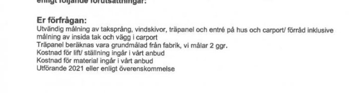 Textdokument med en förfrågan om målning av hus, inklusive träpanel och kostnad för lift.